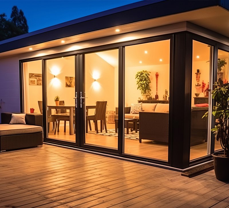 ProVia sliding patio door on a residential deck at dusk